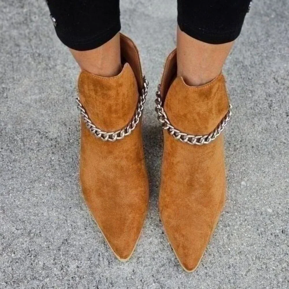 Tan Women’s Faux Suede Chelsea Boots Block Heel with Silver Chain Detail - Picture 3 of 5